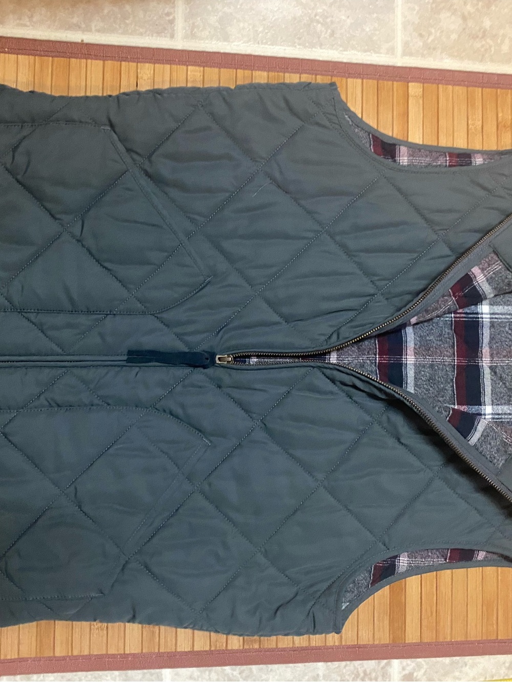 J. Crew Quilted Dark Gray Men's Vest with Plaid Lining